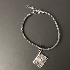 Gray Braided Leather Book Charm Bracelet